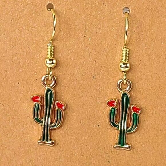 New Hand Crafted Cute Flowering Cactus Hook Earrings 14K Gold Plated - Picture 1 of 2